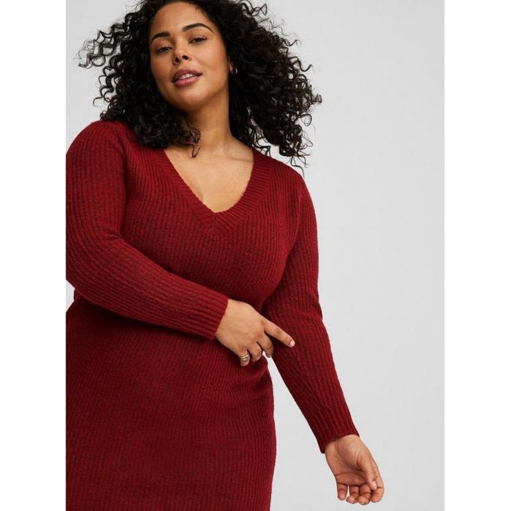 Torrid Vegan Cashmere Sweater Mini‎ Dress Rhubarb Red V-Neck Ribbed Knit 2 - Picture 16 of 16